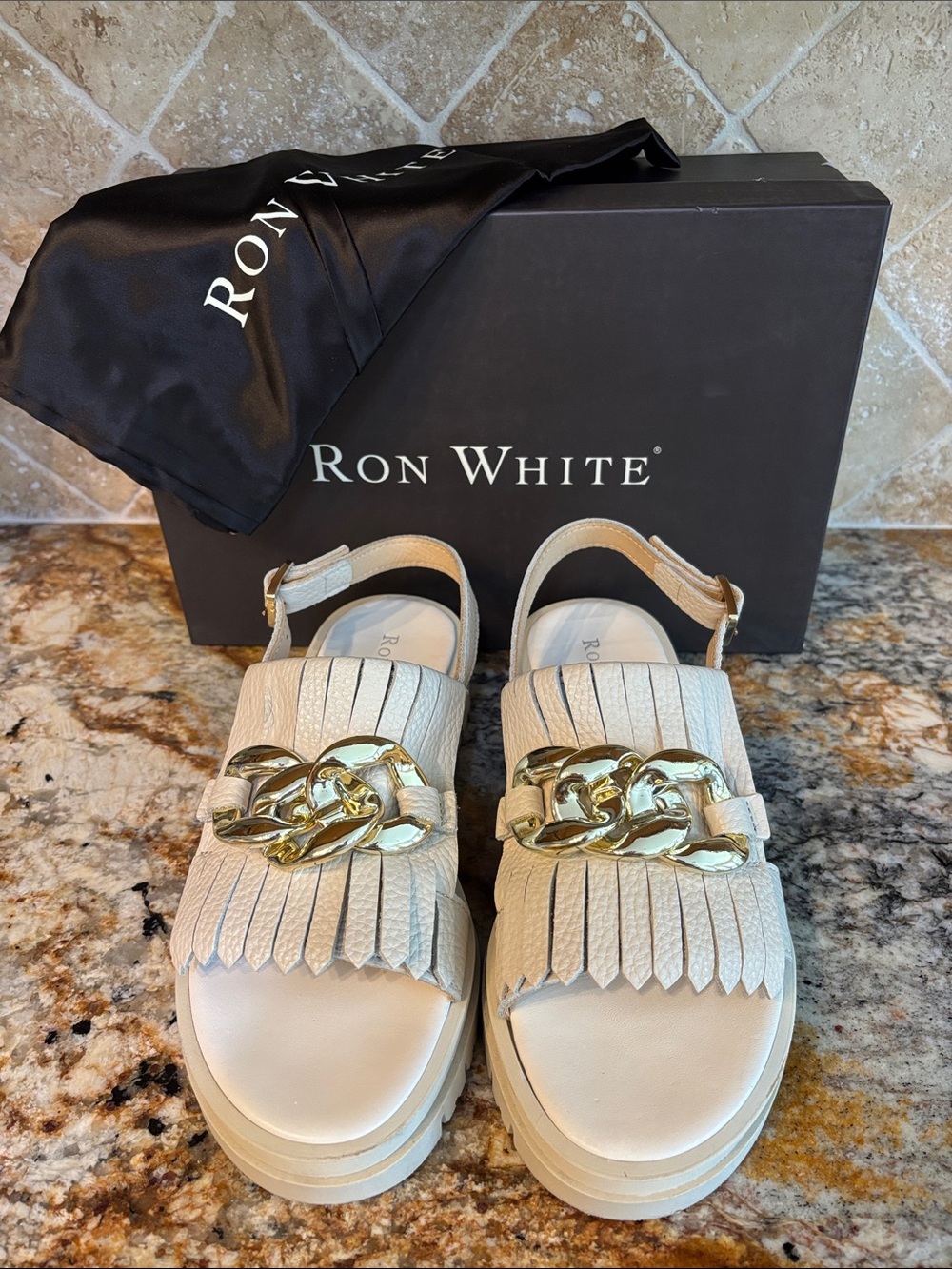 Ron White Shalona Oyster Calf Leather Slingback Sandals w/Gold Hardwear- 37
